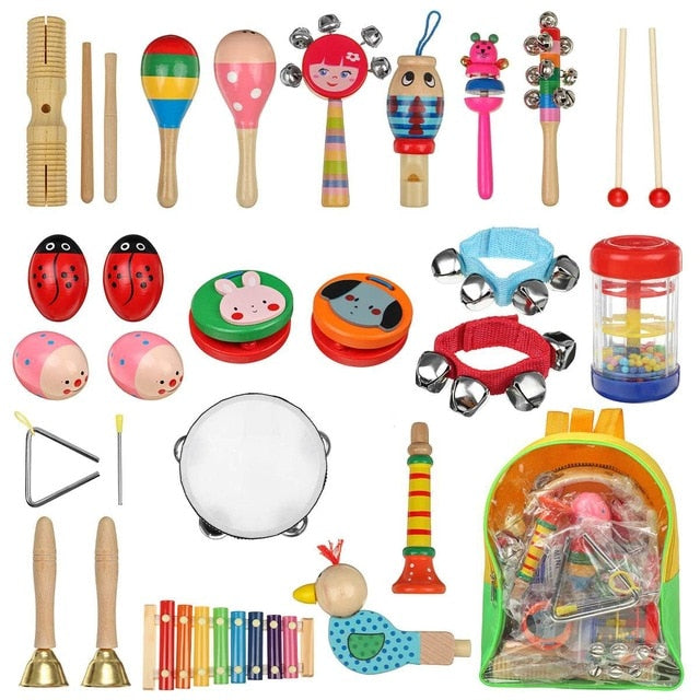 27pcs Baby Toy Music Instrument Toys Wooden Percussion Xylophone Maraca Rattles Kids Preschool Education Toys With Storage Bag